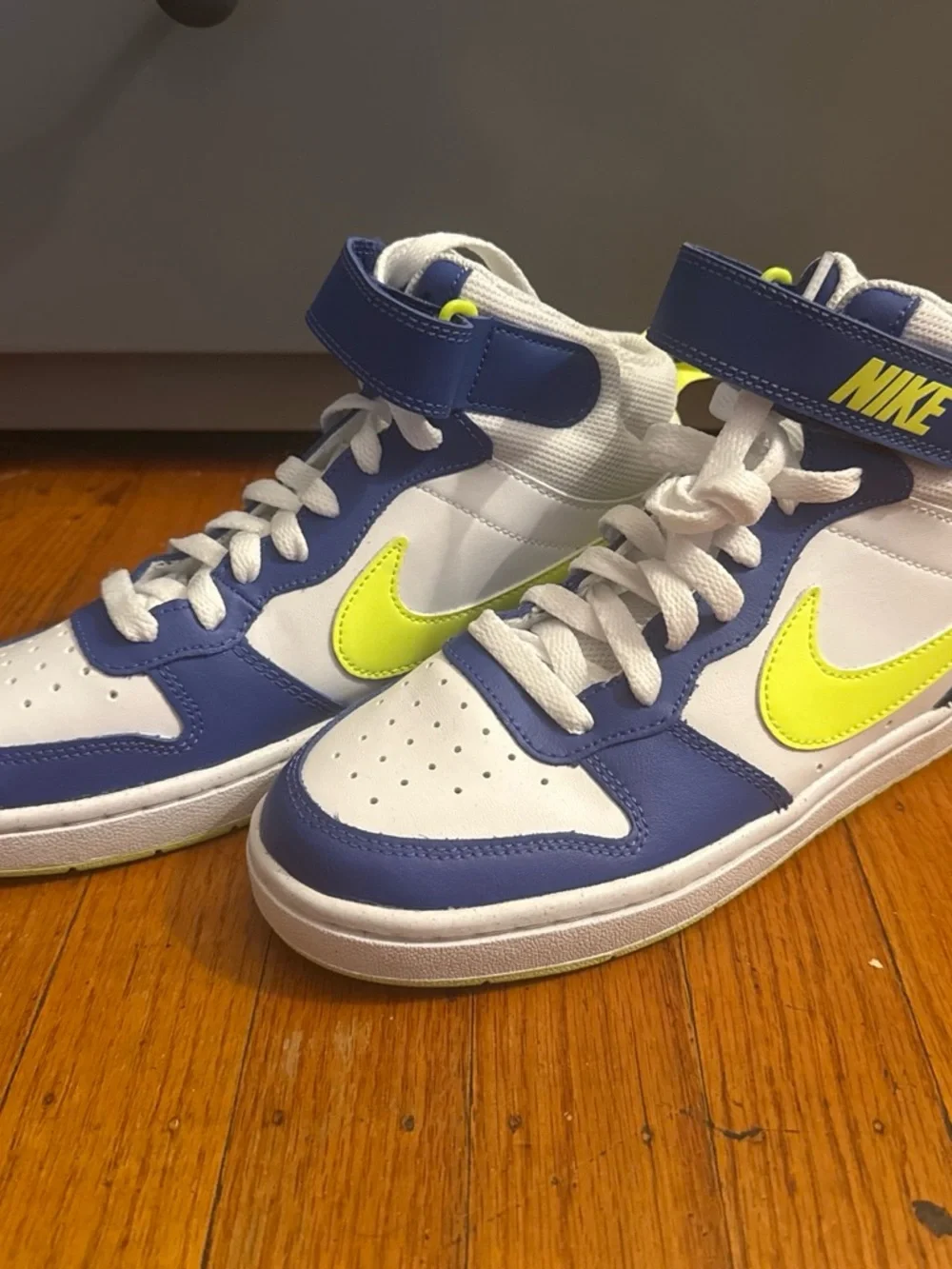 Nike Court Borough Mid 2 Sneakers in White, Blue & Neon Yellow
